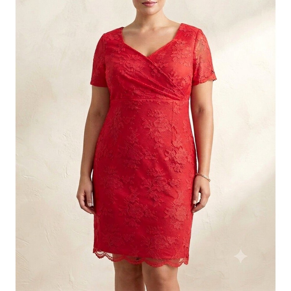 Tahari Arthur S. Levine Red Floral Lace Sheath Cap Sleeve Dress